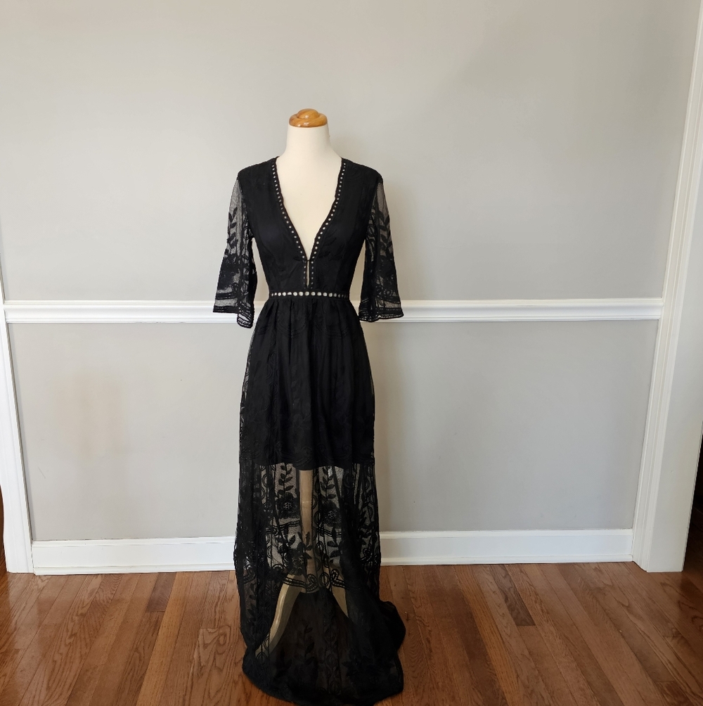 Southern Fried Chics Black Lace Boho Maxi Dress NWT Small